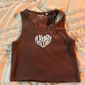 PLAYBOY Brown Ribbed Cropped Tank Top with White Logo